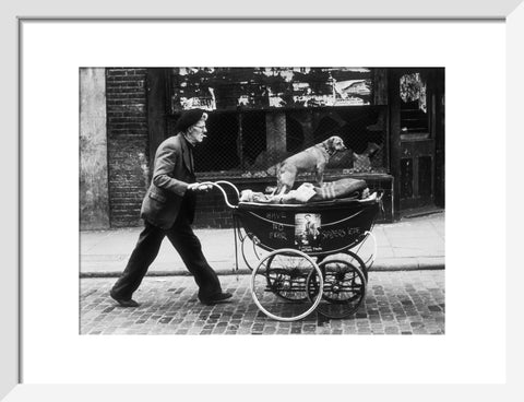 Man pushing a pram containing his wares and a standing dog 1961