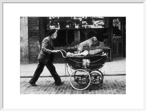 Man pushing a pram containing his wares and a standing dog 1961