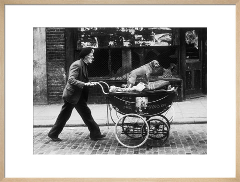 Man pushing a pram containing his wares and a standing dog 1961