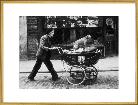 Man pushing a pram containing his wares and a standing dog 1961