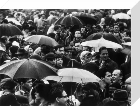 A crowd huddled underneath umbrellas in the rain 1961