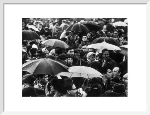 A crowd huddled underneath umbrellas in the rain 1961