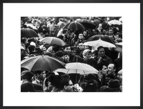 A crowd huddled underneath umbrellas in the rain 1961