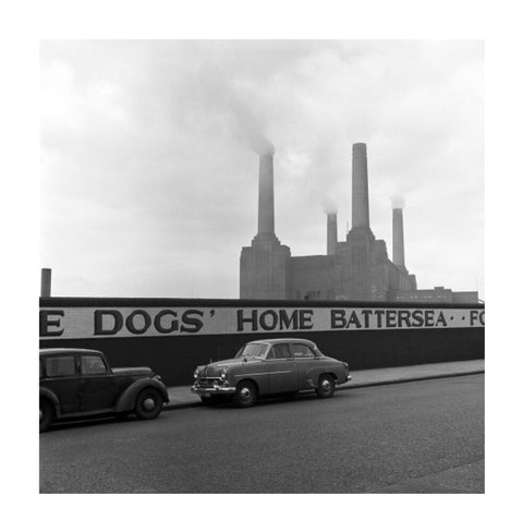 Two parked cars with Battersea Power Station in the background. c.1955