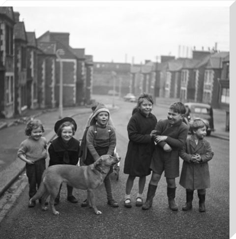 Children gathered in street with dog. c.1955