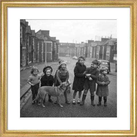 Children gathered in street with dog. c.1955