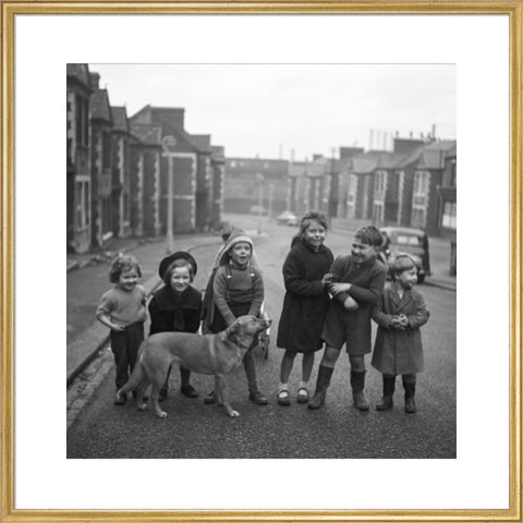 Children gathered in street with dog. c.1955