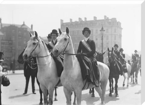 Mounted Suffragettes in a procession 1909